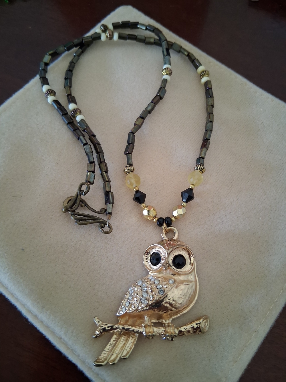 Gold-tone Owl Pendant Necklace with Black Accents